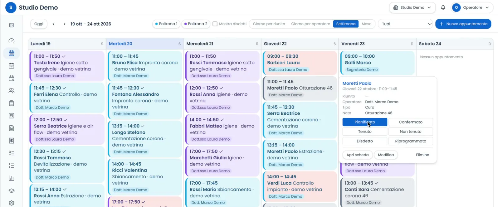 Agenda settimanale del gestionale, studio dimostrativo